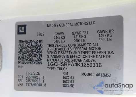 2019 Chevrolet Colorado Wt из США, поврежденный, VIN 1GCHSBEA4K1250316